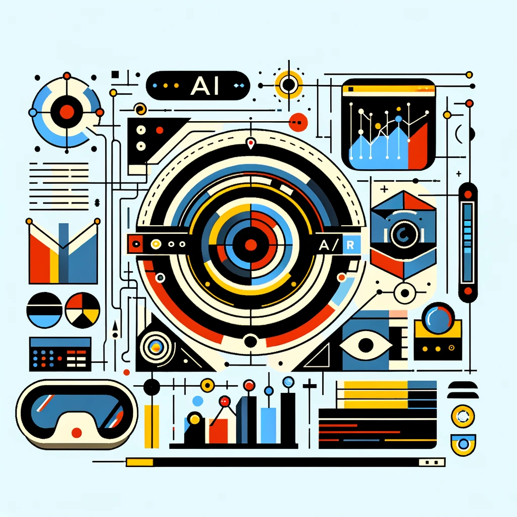 DALL·E 2024 05 24 13.25.24 Generate an image depicting the future of AI in marketing in Bauhaus style. Include elements such as AR VR glasses connected devices and data graphs em Inteligência Artificial Generativa no Marketing DALL·E 2024 05 24 13.25.24 Generate an image depicting the future of AI in marketing in Bauhaus style. Include elements such as AR VR glasses connected devices and data graphs no Hello Mídia