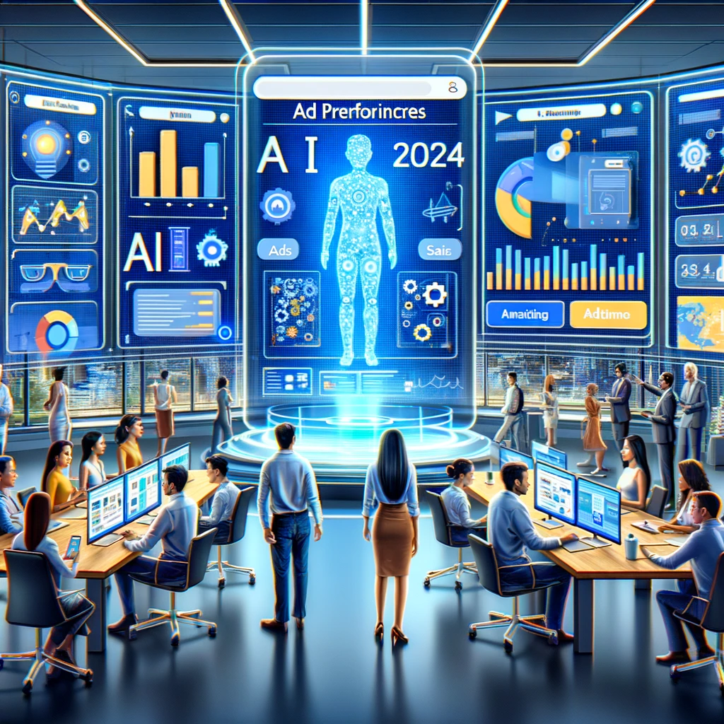 DALL·E 2024 05 24 22.11.10 An illustration showcasing Googles new AI features for advertisers in 2024. The image includes a futuristic interface with various AI tools for optim em Explorando os Novos Recursos de IA do Google para Anunciantes em 2024 DALL·E 2024 05 24 22.11.10 An illustration showcasing Googles new AI features for advertisers in 2024. The image includes a futuristic interface with various AI tools for optim no Hello Mídia